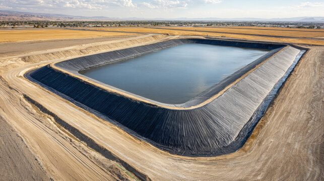 A large leachate storage basin lined with waterproof membrane and drainage ditches around perimeter. 3d illustration.