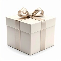 Fototapeta premium Elegant cream gift box, beautifully wrapped with a golden ribbon and a graceful bow, symbolizing joy, celebration, and thoughtful surprises for special moments
