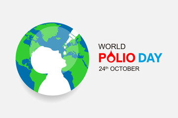 Poster for World Polio Day on October 24, showing a white silhouette of a child receiving vaccine drops, with the Earth in green and blue as the background, symbolizing global health awareness.