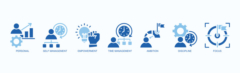 Driven Self Icon Set Isolated Vector Illustration Concept With Icon Of Personal, Self Management, Empowerment, Time Management, Ambition, Discipline, Focus In Two Color Glyph Style