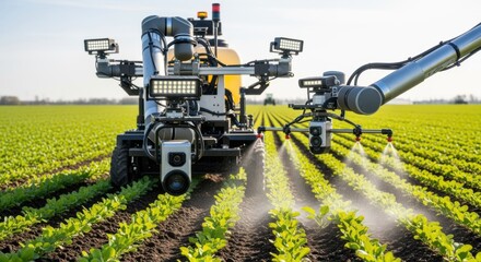 Medium shot of a cameraguided robotic system analyzing crop growth and selectively spraying herbicide on detected weeds