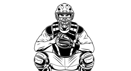 Baseball Catcher Illustration: Iconic Defensive Stance and Gear in Monochrome Art