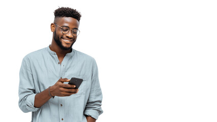 Man smiling and holding phone in hand,looking into it,copy space,white banner, background.