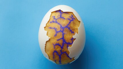 A cracked egg revealing swirling blue and gold galaxy-like cholesterol patterns.