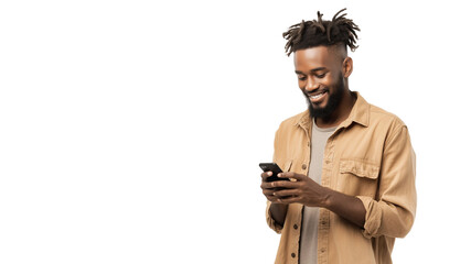 Man smiling and holding phone in hand,looking into it,copy space,white banner, background.