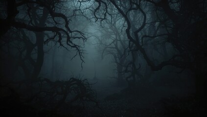 Obraz premium Dense fog enveloping spiky tree limbs in a shadowy forest
