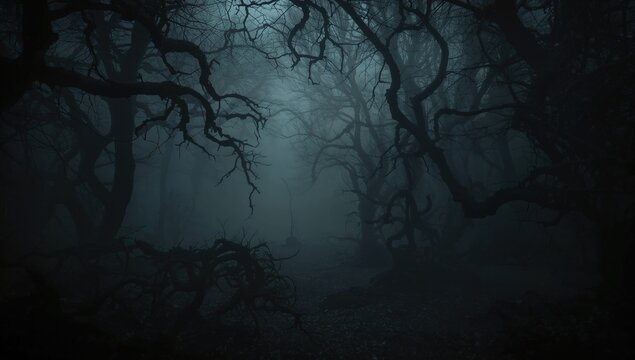 Dense fog enveloping spiky tree limbs in a shadowy forest