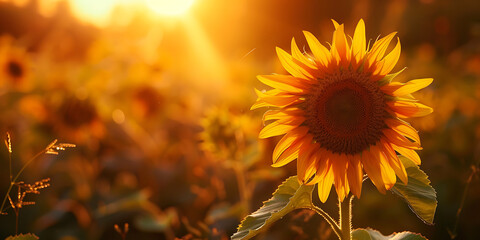 Naklejka premium Golden sunflower field at sunset, summer bloom beauty