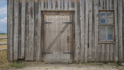 A square entrance on the front of an aged wooden shed