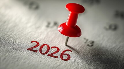 Red pin marks year 2026 on white paper,web banner,copy space,background,new year concept