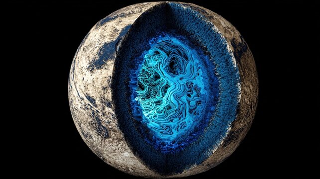 Cross-section of Earth revealing glowing blue core with dynamic liquid movement.