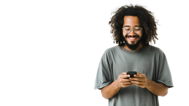 Man smiling and holding phone in hand,looking into it,copy space,white banner, background.