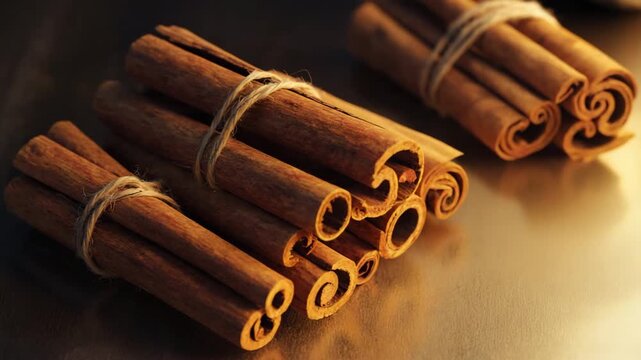 Cinnamon sticks in warm light: subtle movements and rich textures in a rustic arrangement. 4k Video footage