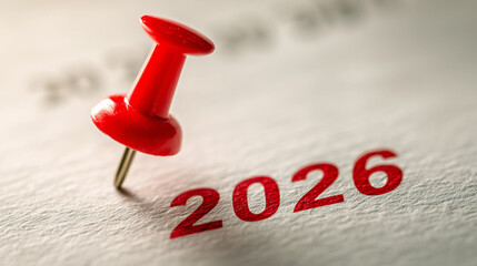 Red pin marks year 2026 on white paper,web banner,copy space,background,new year concept