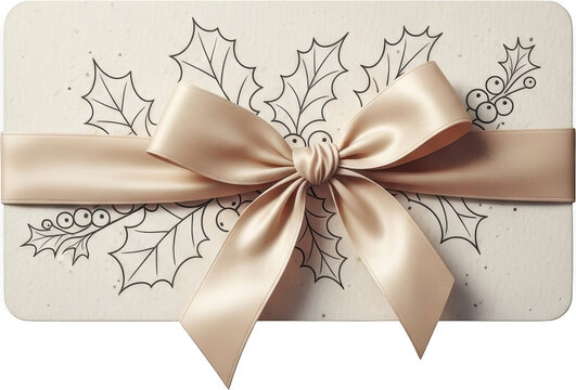Elegant gift box with gold ribbon and holly leaves isolated on transparent background