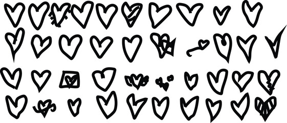 Collection of hand drawn black hearts and check mark