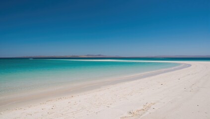 Fototapeta premium White clay shoreline beside clear blue lake under open sky with ample space for text