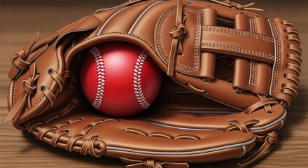 
Red Baseball in Leather Glove: Close-Up Sports Gear Image with Warm Wooden Background