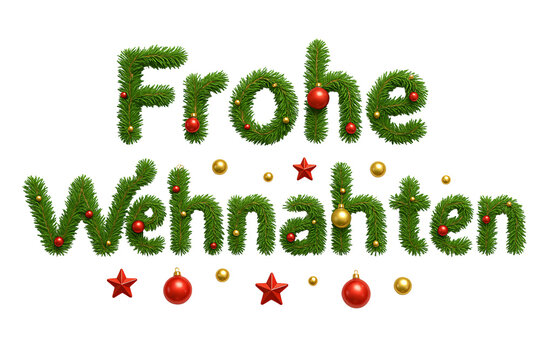 “Frohe Weihnachten” text with red stars and baubles. Joy. Traditions. Holiday.