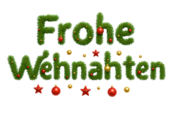 “Frohe Weihnachten” text with red stars and baubles. Joy. Traditions. Holiday.