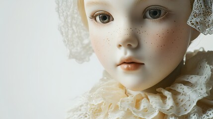 Close up of a doll with freckles wearing a lace bonnet and collar