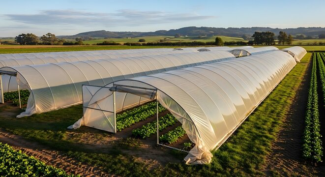 Greenhouse Structures in a Rural Landscape for Crop Cultivation. - Powered by Adobe