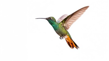 Naklejka premium A vibrant green hummingbird with coppery wings and tail flying over a plain white backdrop.