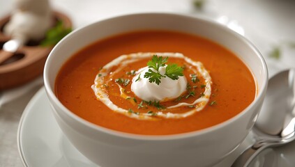 Creamy Tomato Soup Garnished With Fresh Parsley