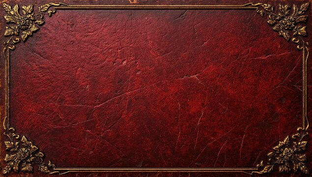 Vintage crimson leather book cover featuring aged texture with marks and scratches, adorned with a gilded embossed frame and floral corner designs. Suitable as a background.