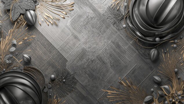3D rendering with embossed gold and gray geometric patterns