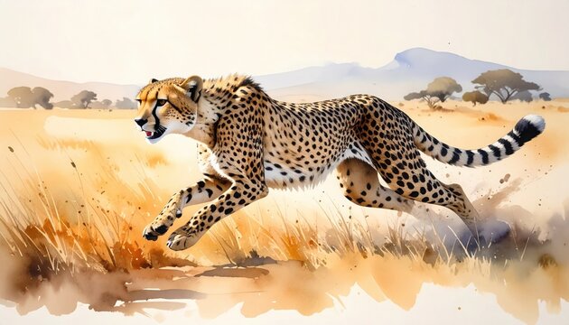Cheetah sprinting across African plain embodying speed focus and survival instinct under golden sunlight with dry savanna landscape backdrop