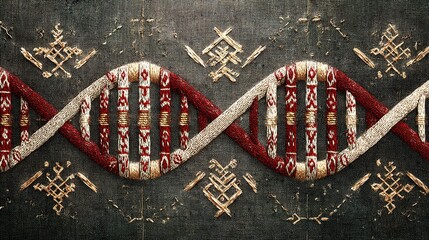 An ancient DNA helix crafted from Siberian ice crystals and nomadic symbols, blending science and heritage.