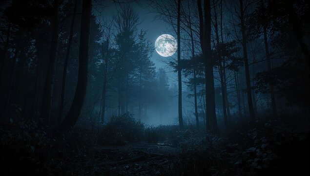 Fototapeta Nighttime eerie forest scene with a realistic haunted vibe. Halloween-themed mystical woodland background.