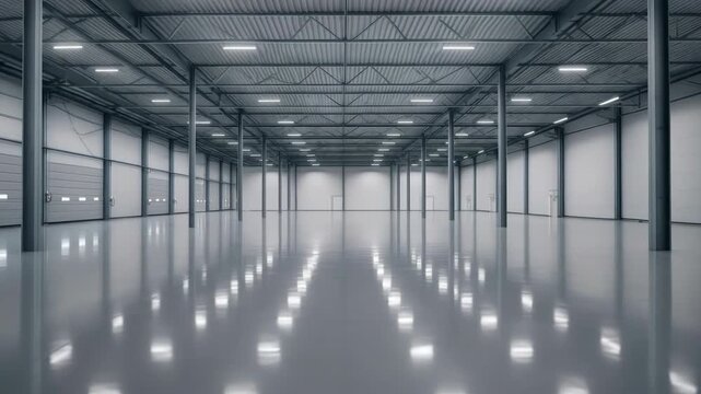 Modern empty warehouse interior with polished concrete floor, high ceiling steel structure, industrial lighting reflections, spacious storage facility architecture for logistics and manufacturing