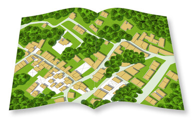 3D render of an opened photo book of an imaginary city map with residential buildings, roads, gardens green areas and trees - green city concept image