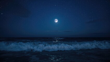 Stunning night ocean view under a star-filled sky with a glowing full moon. Peaceful natural scene captured with my personal camera, showcasing dramatic contrasts.