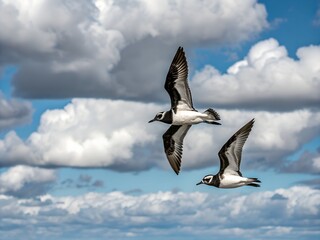 Pair of Black-bellied Plovers Flying in Cloud Sky