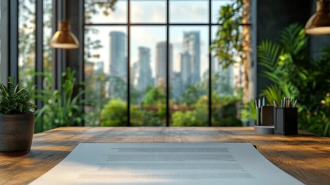 Modern Office Desk with a Document Overlooking a Green Cityscape.