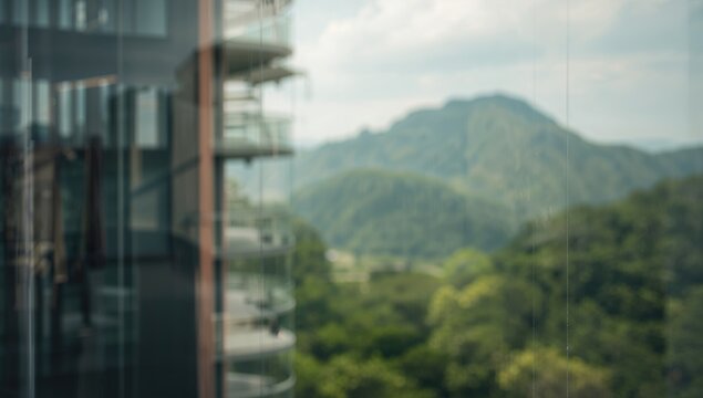 Blurred abstract backdrop showing a glass facade with projecting floors overlooking lush hills at dawn.