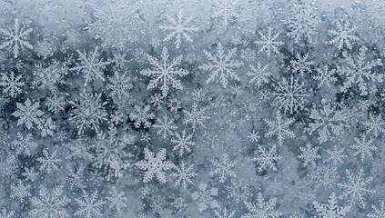 Chilly design with icy backdrop. Winter season vibes. Festive snowflake crystal decoration on a frosted glass window.