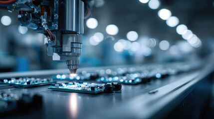 Close-up of a microchip with a robotic arm, concept of technology and innovation. the intricate details of a microchip with a robotic arm, symbolizing technological advancement.