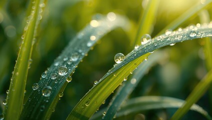 Naklejka premium Macro shot of morning dew on vibrant foliage under sunlight