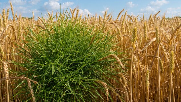 Fototapeta Sharp green weed sprouting amid mature wheat in a field ready for harvest
