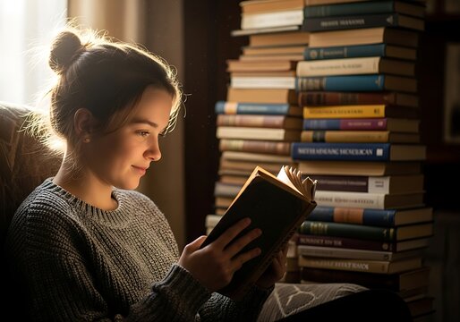 Woman engrossed in reading a book with a stack of books in the background.