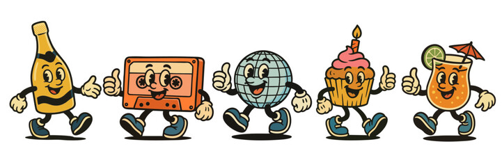 Vintage happy cartoon characters of cocktail, cake, disco ball, tape and champagne celebrating a party event