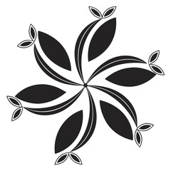 Abstract black and white symmetrical floral design with six petals and leaf accents on a white background