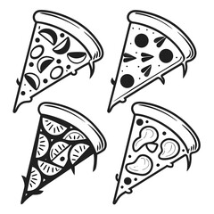 Four stylized black and white slices of pizza with different toppings arranged in a playful pattern on a white background