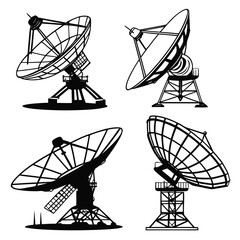 Collection of four distinct satellite dish antennas in black and white silhouette style representing communication and technology