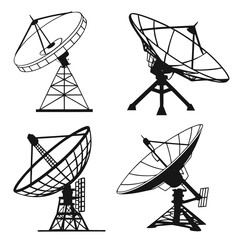 Collection of four distinct satellite dish antennas and radio telescopes depicted in silhouette and line art styles on a white background