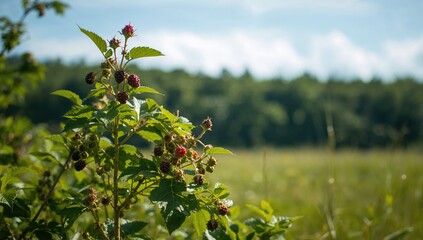 Wild bramble bush with ripe red berries in a meadow, ideal for harvesting